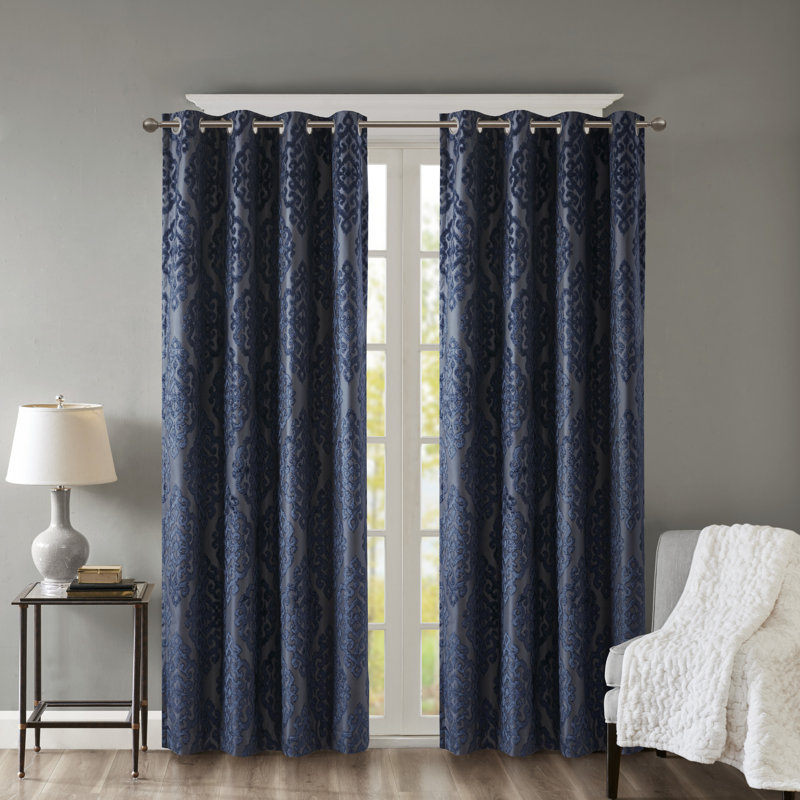 Mirage Damask Total Blackout Thermal Grommet Single Curtain Panel, 50" W x 95" L, Navy