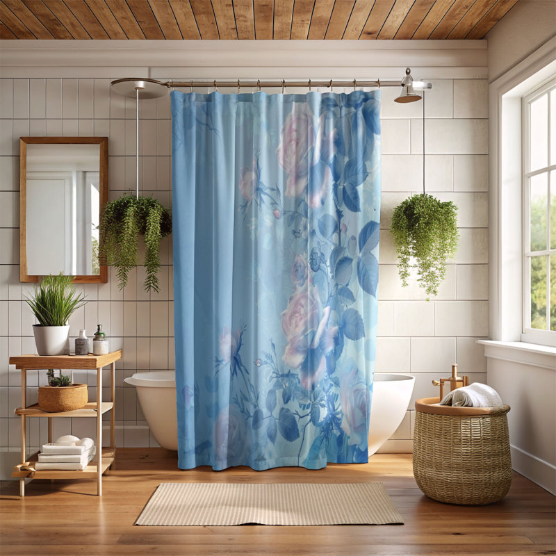 Rideau de douche bleu 1 pièce, H 74 po x l 71 po