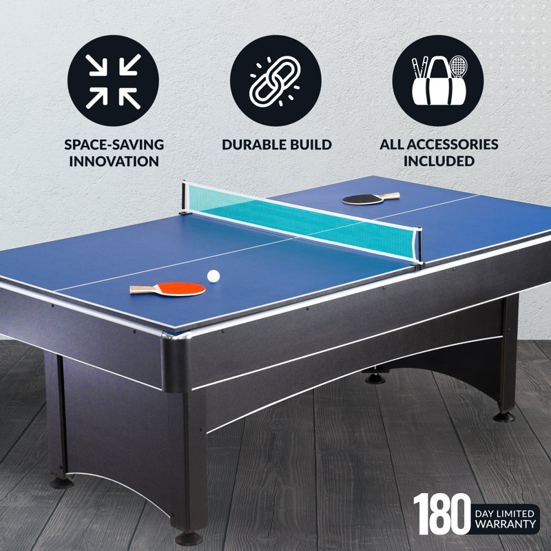 Table de billard de luxe de 7 pieds Hathaway Maverick avec table de ping-pong, combinaison de tables de jeux pour les salles de jeux familiales - comprend des boules de billard, des queues, des raquettes, une brosse et bien plus encore.