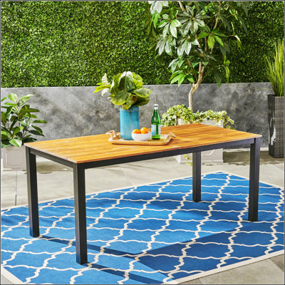 Table de salle à manger rectangulaire pour l'extérieur, table de patio en bois d'acacia de 71 L pour cour, jardin, bord de piscine et terrasse avec pieds en fer durables