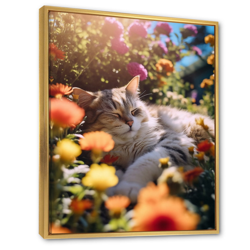 «Fluffy Cat Sleeping Sunny Flower Garden I», reproduction sur toile, H 44 po x l 34 po x P 1,5 po, Cadre flottant noir