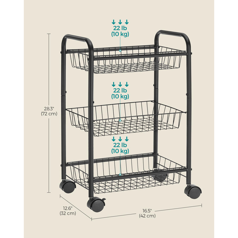3-Tier Metal Rolling Cart On Wheels With Baskets, Lockable Utility Trolley With Handles For Kitchen Bathroom Closet, Storage With Removable Shelves, Black