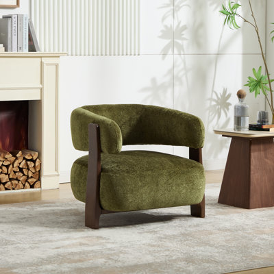 Chaise d'appoint moderne rembourrée à dossier demi-tonneau, chaise longue contemporaine avec structure en bois pour le salon, la chambre à coucher