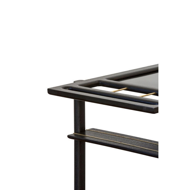 Solid Wood Bar Cart with Wheels, Ebonized Oak/Brass