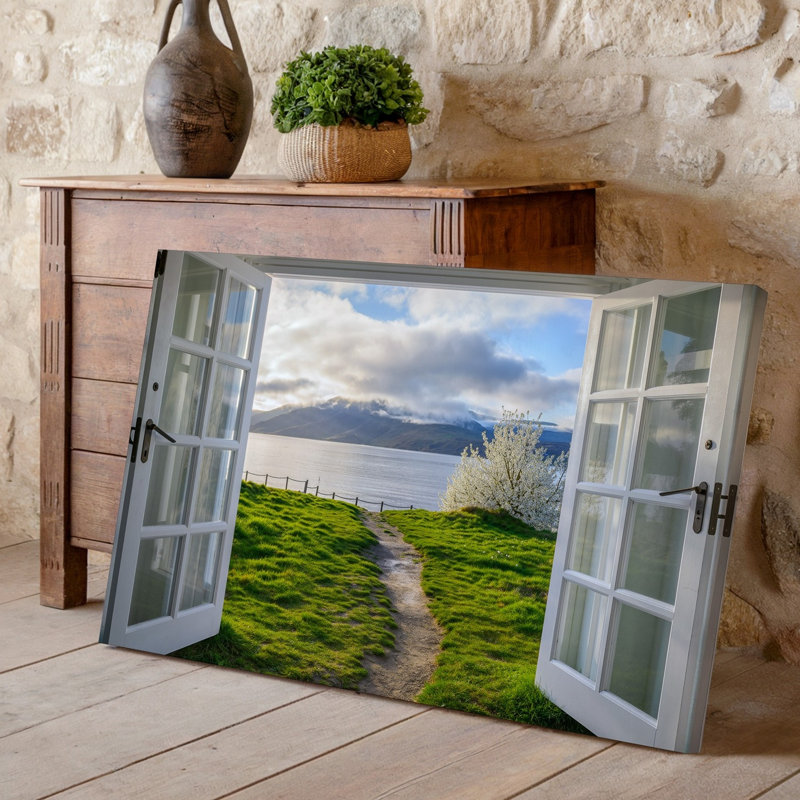 Toile, une vue sereine à travers une paire ouverte d'art encadré blanc, portes doubles révélant une scène au bord du lac tranquille