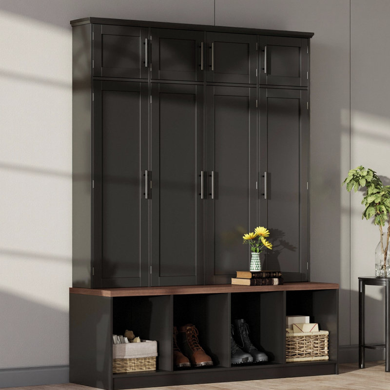 75" Farmhouse Hall Tree with 4 Hidden Hooks, 8 Shoe Doors, 4 Open Cubbies, 180 lb Bench, Anti-Tip Kit, Mudroom Entryway