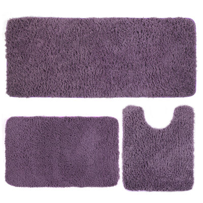 Purple 3 Piece Shaggy Purple Bath Mat Set, Quick Water Absorption Bathroom Rug Sets For Tub Shower, Vanity & Toilet Base