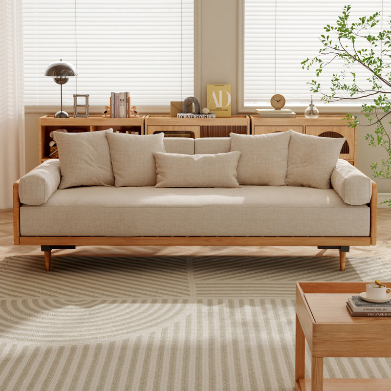 Canapé-lit en lin et coton rembourré avec pieds en bois massif de 82,7 po Grimpante, Mélange de lin beige, Bois robuste