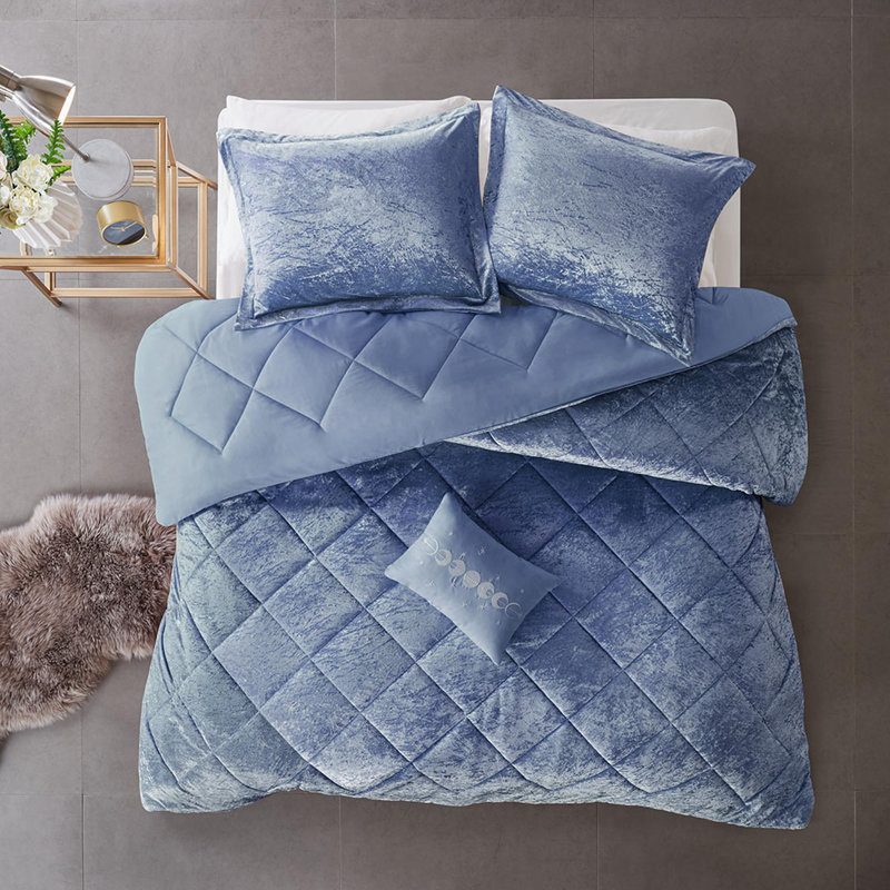 Ensemble d'édredon en velours 4 pièces, Édredon double / grand + 3 pièces supplémentair, Bleu