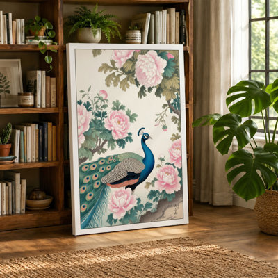 Peacock Among Roses Japandi - Wrapped Canvas
