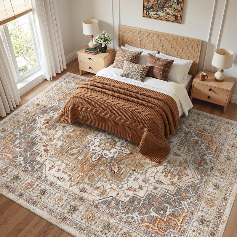 Malila Machine Washable Non-Slip Area Rug , Rectangle 9' x 12', Orange/Gray