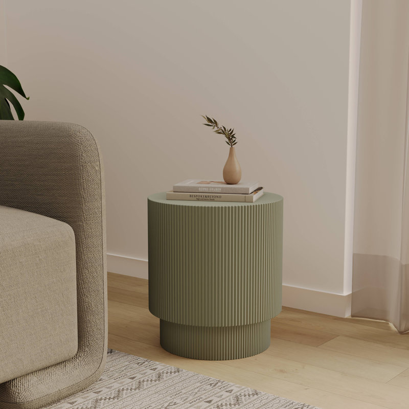 Biddlesden 14" Round Fiberstone Side Table with Ribbed Design – Indoor/Outdoor Accent Table for Patio, Living Room, or Bedroom