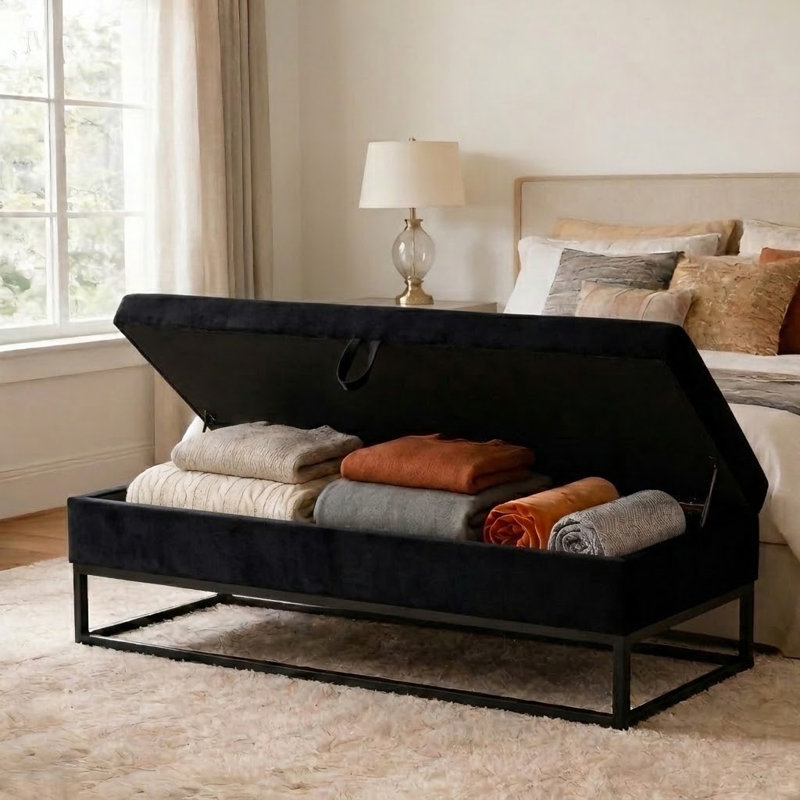 Banc de rangement rembourré en velours avec siège rabattable Modern, Noir