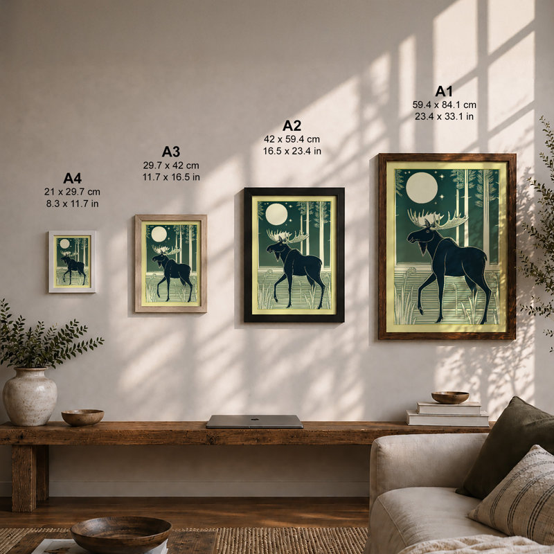 Moose Under Moonlight Scandinavian - Print, A4 - 29.7 x 21.0 cm, White
