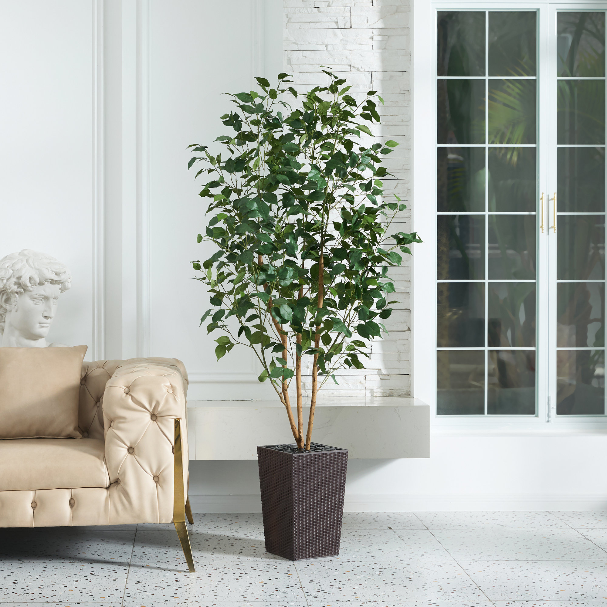 Almont UV Protected Artificial Ficus Tree with Decorative Base, Faux Ficus Plant with Natural Trunk, Brown