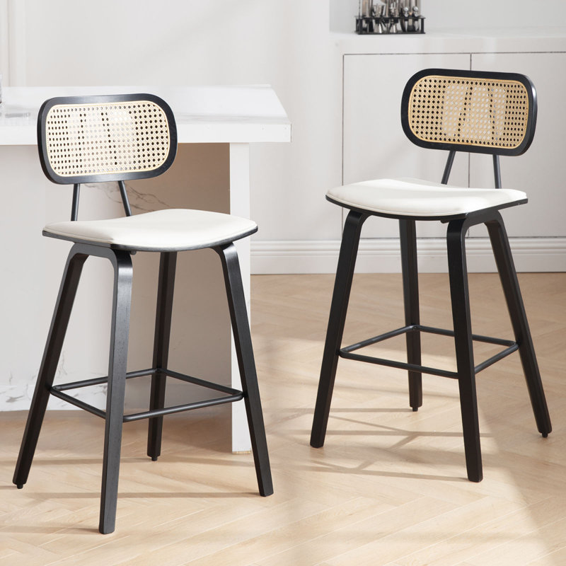 26" Upholstered Rattan Back Counter Height Bar Stools, 1, White