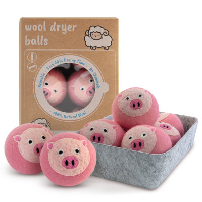 6 boules de séchage en laine XL, boules de séchage biologiques, formes de cochon mignonnes, laine naturelle réutilisable, réduire le temps de séchage, avec boîte de rangement résistante à l'humidité, aide au lavage écologique, rose