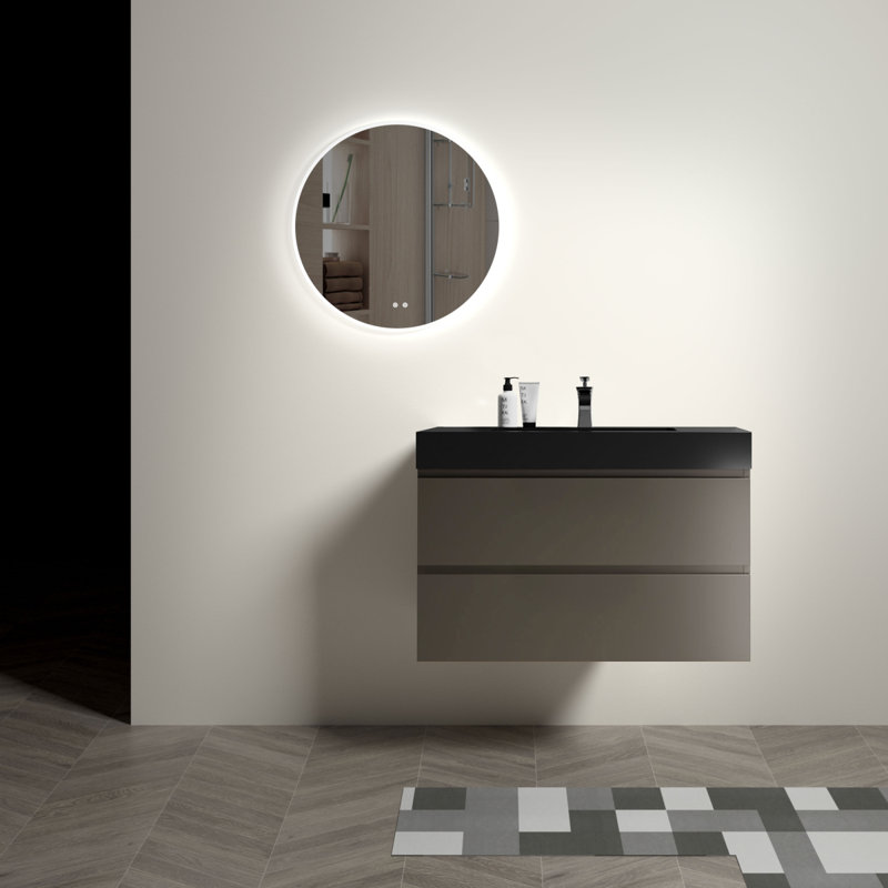 Meuble-lavabo de salle de bain flottant mural, Gris, Noir, 36"
