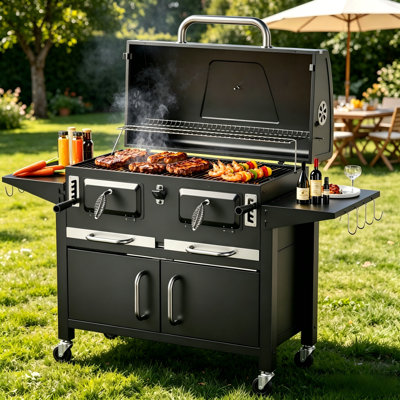 38 Inch Charcoal BBQ Grill with 794 SQ.IN Cooking Area, Outdoor Barbecue Grill with 2 Individual & Adjustable Charcoal Trays, 2 Foldable Side Tables, Lockable Wheels, Black
