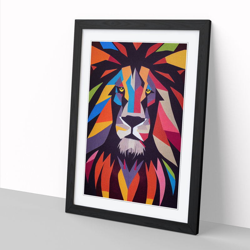 Lion Patchwork - Single Picture Frame Print, Black, 46cm H x 34cm W x 2cm D