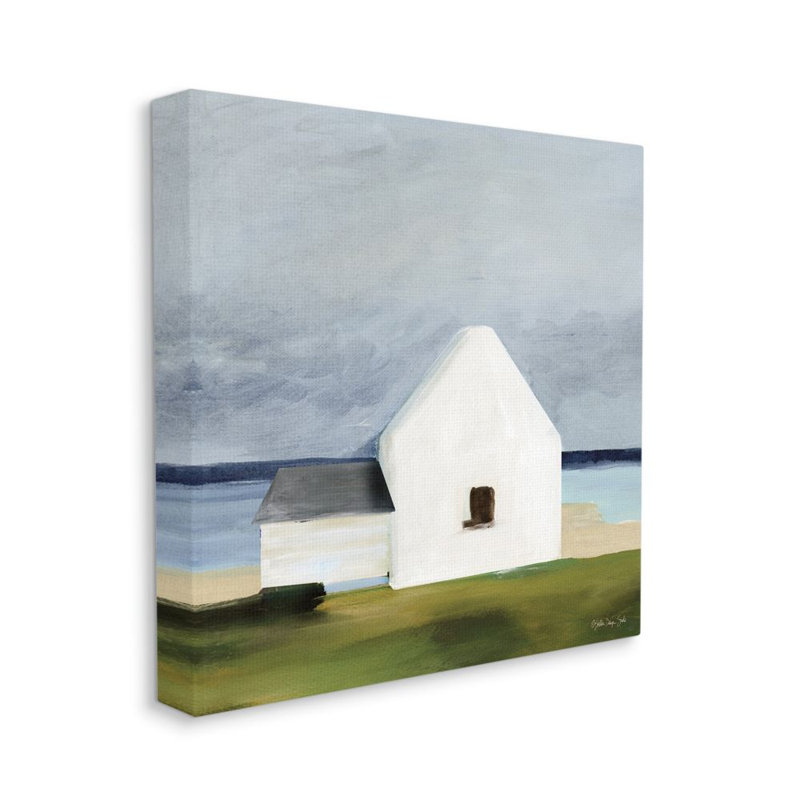 Maison de campagne blanche sous le ciel gris-impression d’art graphique, Toile tendue, H 36 po x l 36 po x P 1,5 po