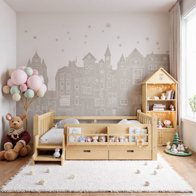 Lit sur pied en bois massif avec bibliothèque et escalier | Tiroirs de rangement sous le lit, rails de sécurité | Lit pour enfant à profil bas sans sommier
