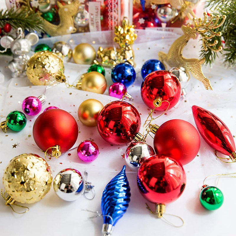 Ensemble de 30 boules de Noël multicolores - Grandes boules suspendues en plastique multi-formes incassables pour décoration d'arbre de Noël, rouge, vert, or, bleu (vif et coloré)