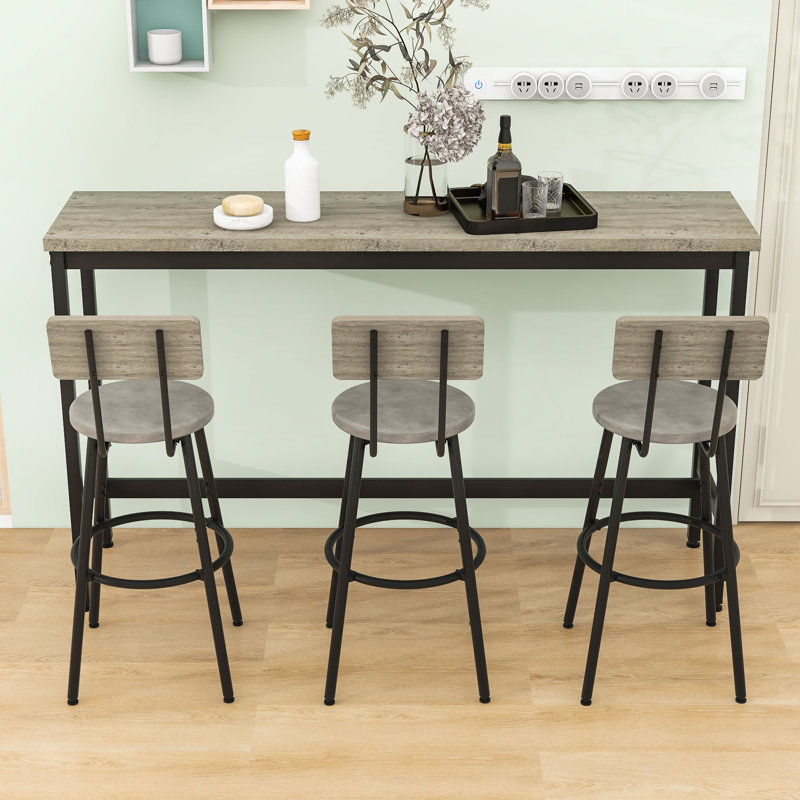 Long 4-Piece Dining Table Set with 3 PU Upholstered Stools, Rustic Gray, Rustic Gray/Black