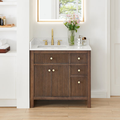 Meuble-lavabo simple Lala de 36 po avec comptoir en pierre reconstituée blanche grainée, sans miroir