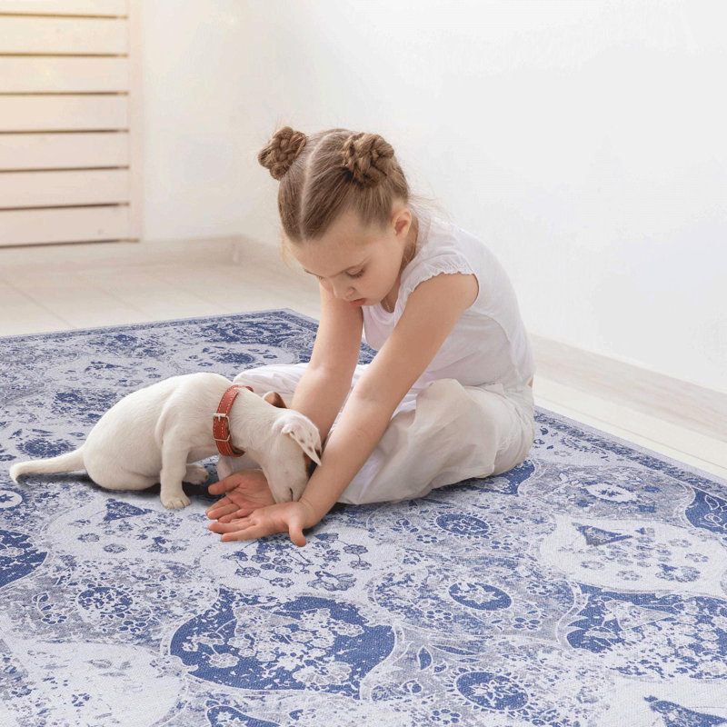 Blue Washable Area Rug, Runner 2' x 7'