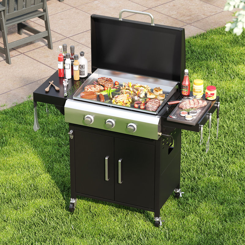  Barbecue au propane à 3 brûleurs et plaque chauffante 28 po avec tablettes latérales pliantes et armoire, barbecue pour l'extérieur
