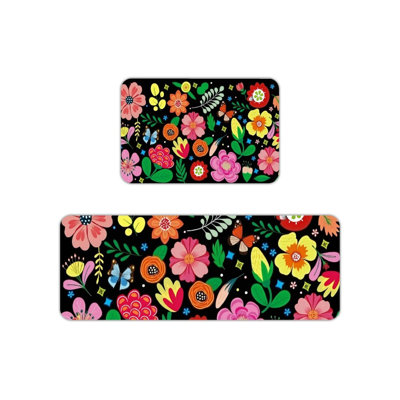 Ensemble de 2 tapis de cuisine Folk Floral Butterfly pour cuisine, noir, multicolore