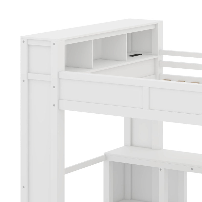 Lit mezzanine en bois avec garde-robe et bureau, tête de lit avec rangement et port USB, Blanc