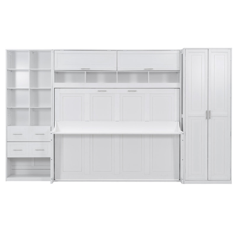 Grand lit escamotable mural avec placard, tiroirs et tablettes, blanc