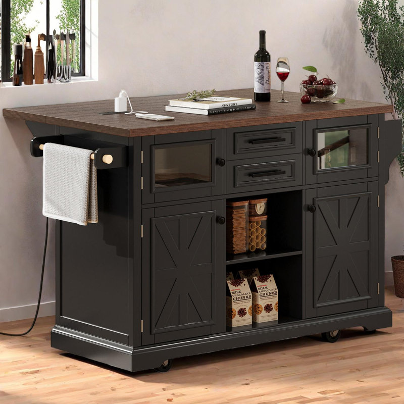 54.9" Kitchen Island with Drop Leaf, Power Outlet, Storage Cart with Shelves, Rolling with Barn Doors, Black