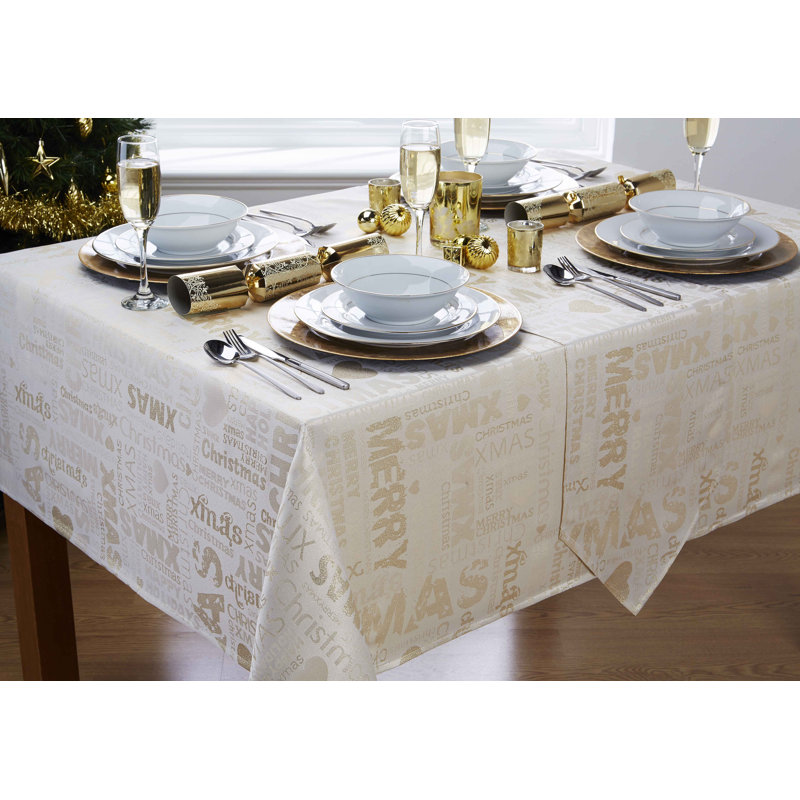 XMAS WORDS Alicemarie Rectangle Damask Table Runner, Cream