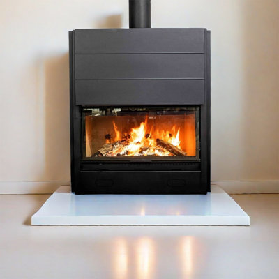 Simple steel interior with wood fireplace