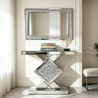 Accent Wall Mirror & Modern Mirrored Glass Console Table Crushed Diamond Home Decor