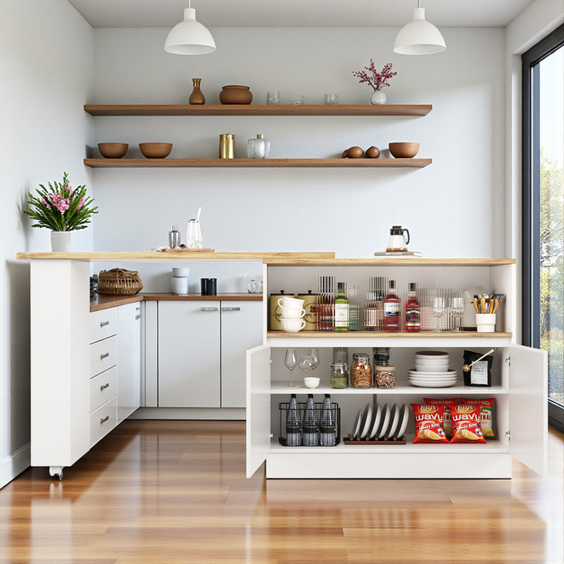 120cm 360° Rotation Bar Table With Doors And Shelves Multifunctional Sideboard With Open Shelves Storage Space, White