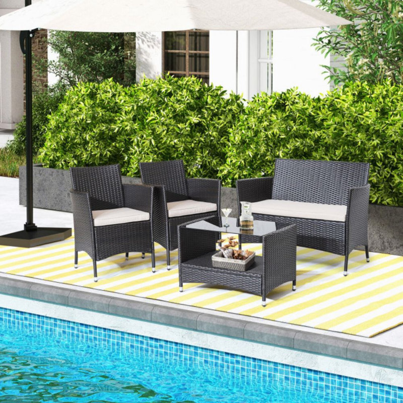 Ensemble de conversation en osier pour 4 personnes avec coussins Silex
