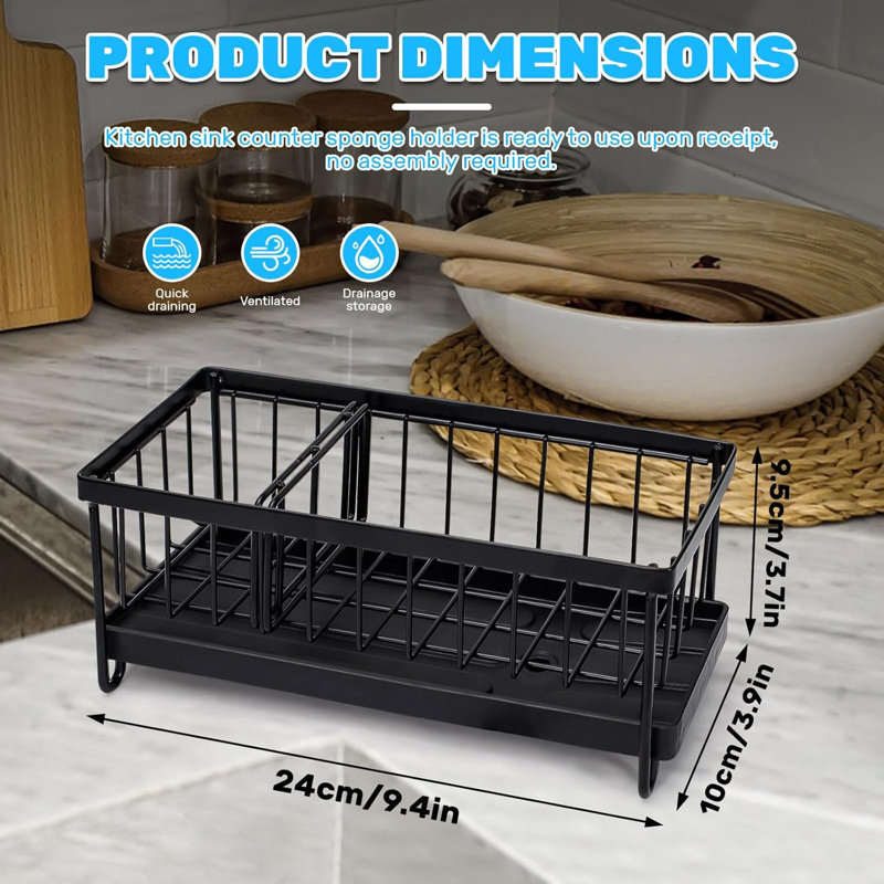 Organisateur d'évier de cuisine avec plateau de drain amovible et séparateur réglable, support en éponge en acier au carbone antirouille pour savon à vaisselle, brosse et lavette, noir