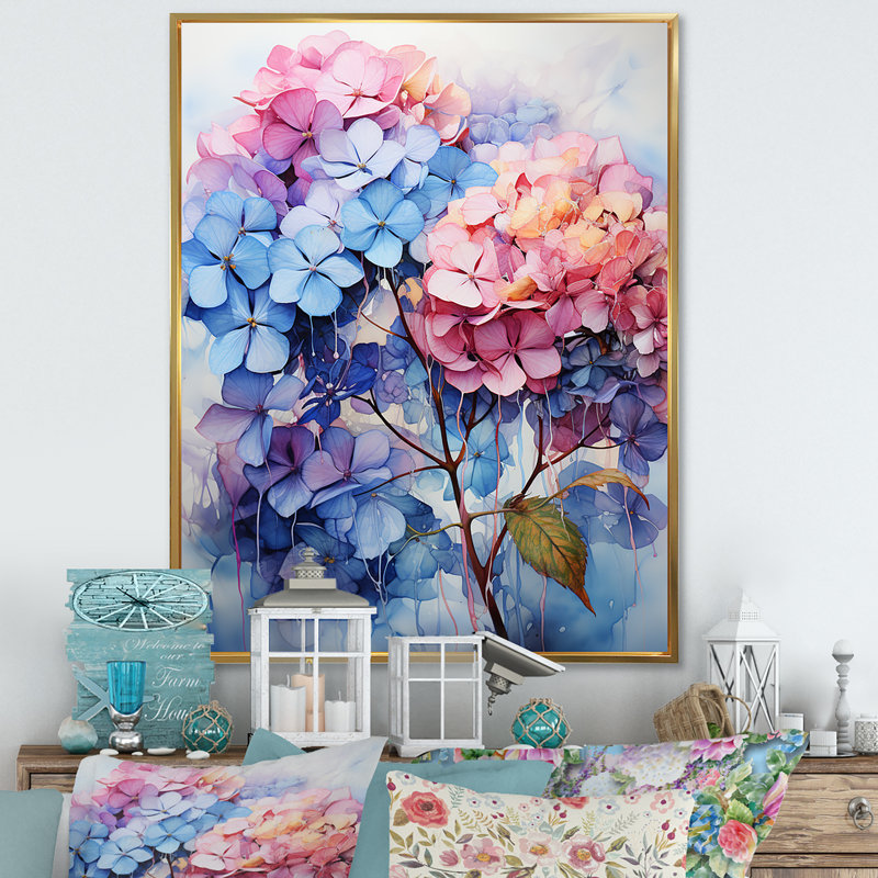 Hortensias en fleurs mauves, H 32 po x l 24 po x P 1 po, Cadre flottant doré