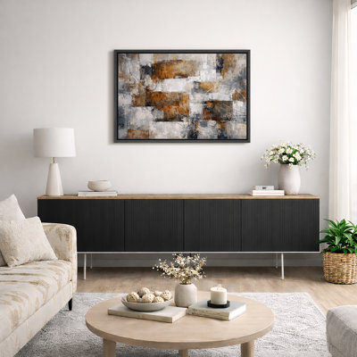 Rustic Orange Grey Geometric Abstract Artwork, Industrial Living Room Pictures, Framed Canvas Giclee Print Wall Art