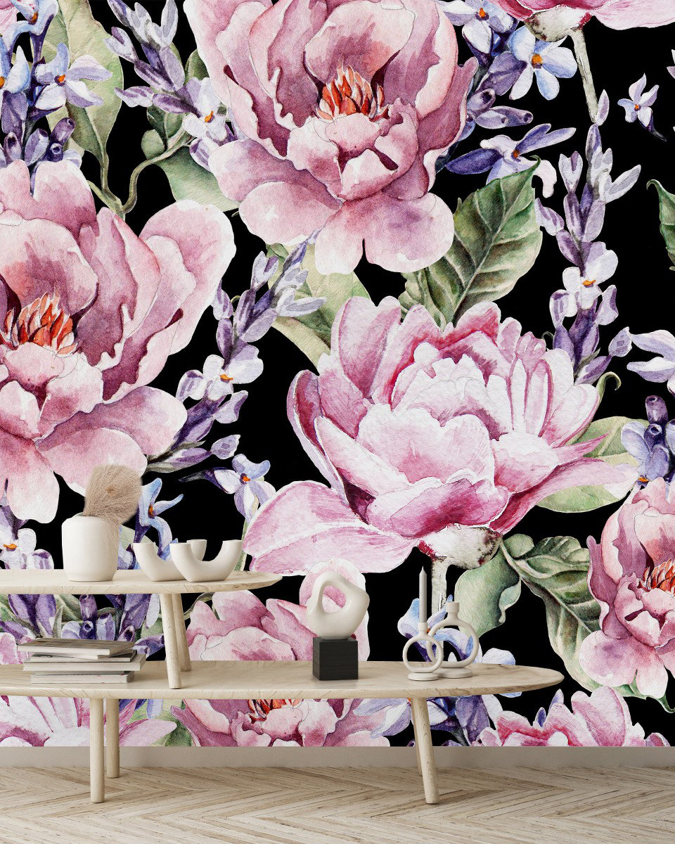 Red Barrel Studio Dark Wallpaper With Pink Flowers Peel And Stick And ...