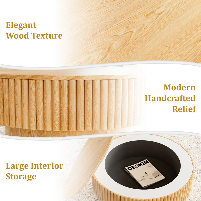 Round Drum Coffee Table with Storage, Natural, 14" H x 31.5" W x 31.5" D