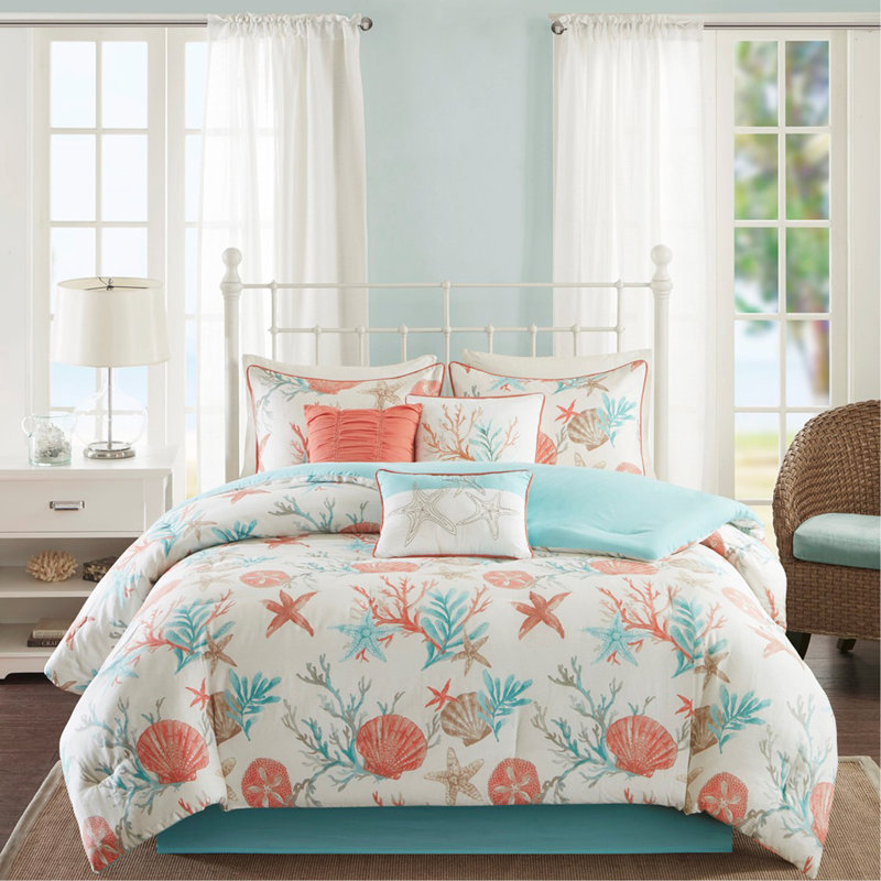 Ensemble d'édredon en satin de coton 7 pièces, Grand édredon et 6 pièces supplémentaires, Corail