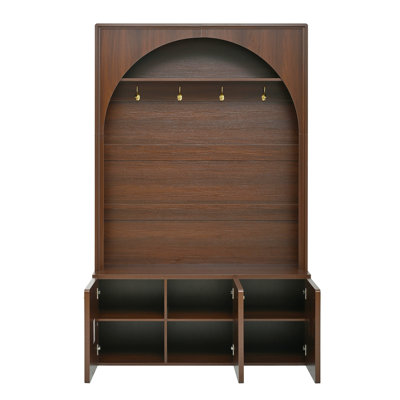 Farmhouse All-in-One Hall Tree with Adjustable Shelves, Retro Arched Entryway Storage Bench with 3 Cabinets