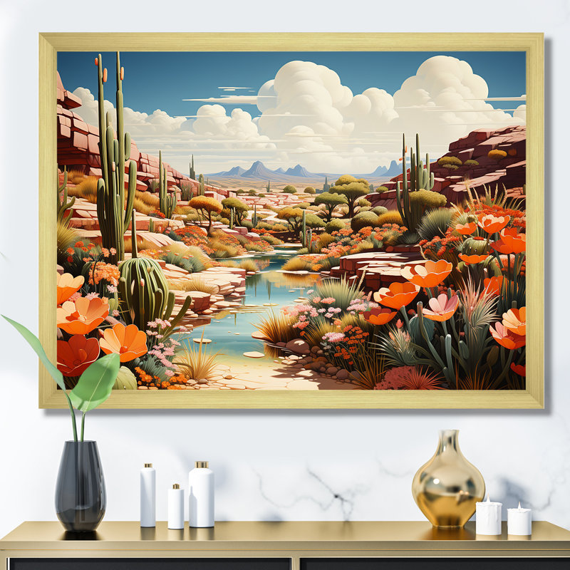 «Native Desert Oasis Blooms I» - art mural désert, Cadre doré à coins fermés, H 16 po x l 32 po x P 1 po