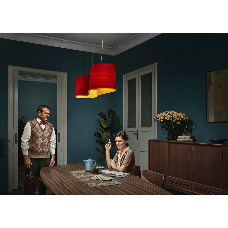New Wave Suspension Light - DIMTRIAC LED - Brushed Nickel Finish - Blue and Yellow Shade, Natural Cherry