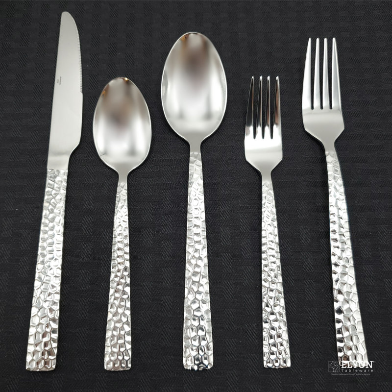 Elyon Hammered Reflective Silver 60-piece Flatware Set, Stainless Steel, Service For 12